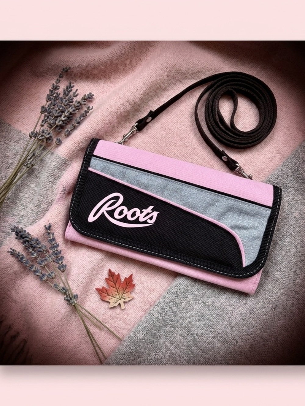 Roots Pink & Black Crossbody Wallet Purse & Phone Holder